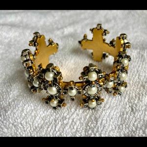 CAbi Tudor Cross Pearl Bracelet Goldtone Pearls Hinged.   Authentic